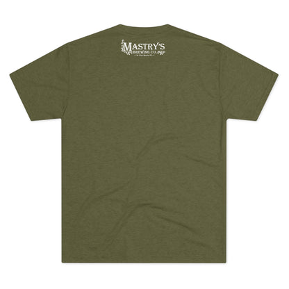 Heather green triblend graphic tee featuring the white Mastry’s Brewing Co. logo on the upper back.