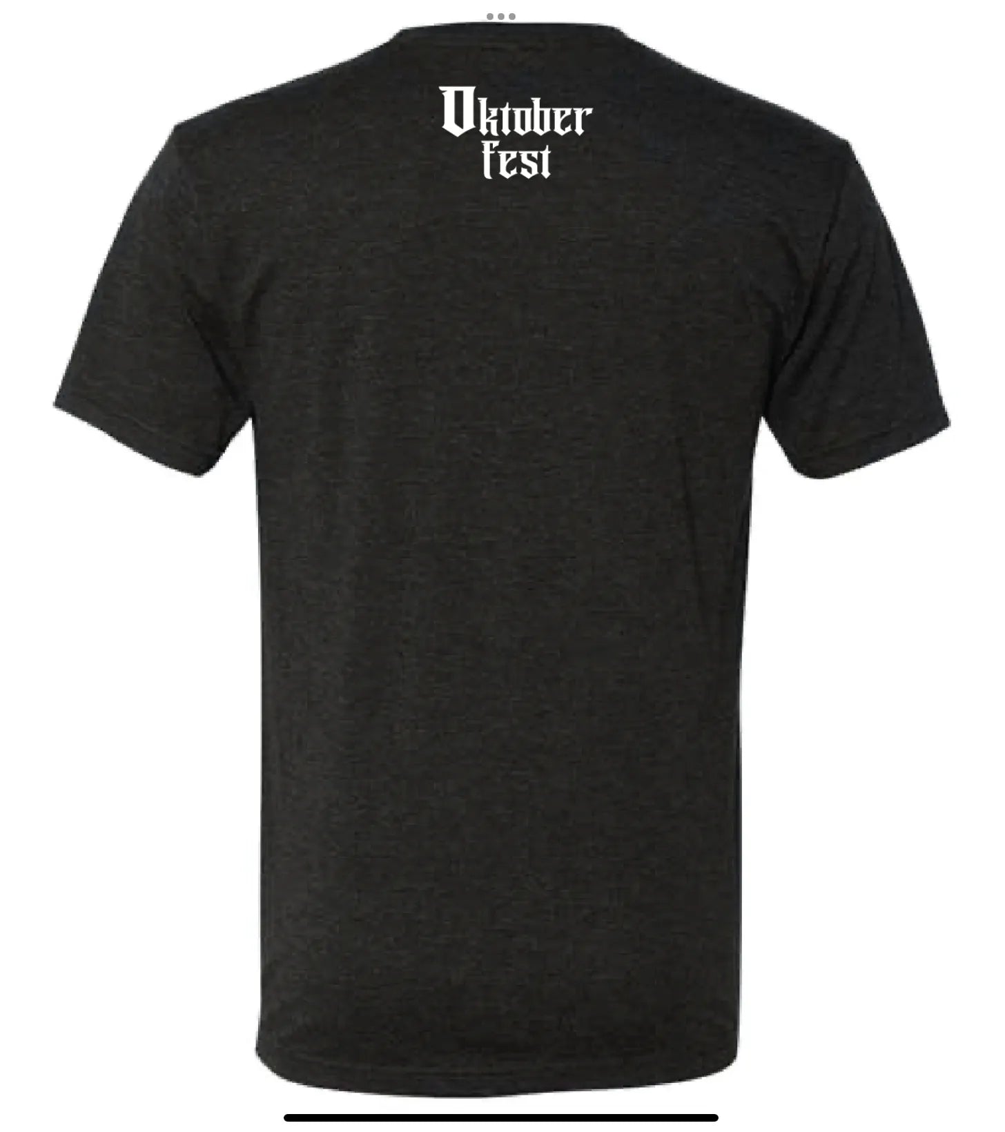 Back of a charcoal grey triblend Mastry’s Brewing Co. Oktoberfest t-shirt with white gothic-style text.