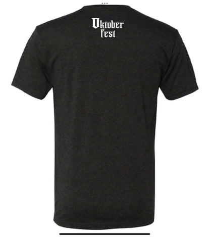Back of a charcoal grey triblend Mastry’s Brewing Co. Oktoberfest t-shirt with white gothic-style text.