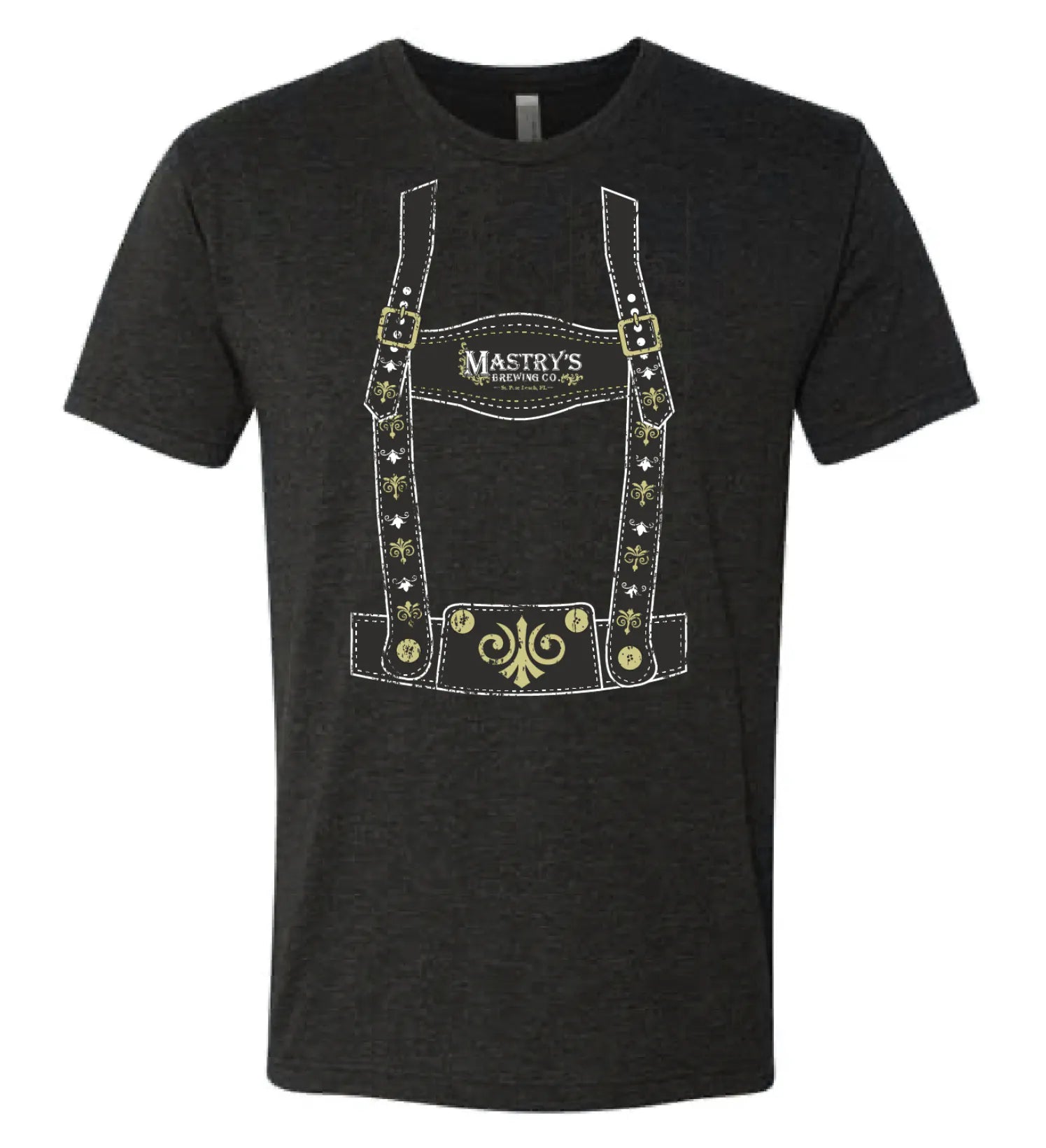Vintage black triblend t-shirt featuring a white and gold Mastry’s Brewing Co. lederhosen graphic print.