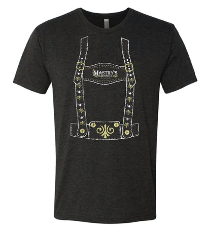 Vintage black triblend t-shirt featuring a white and gold Mastry’s Brewing Co. lederhosen graphic print.