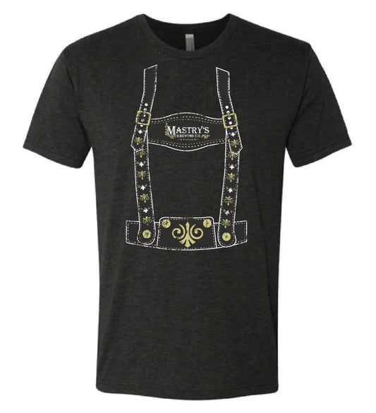 Vintage black triblend t-shirt featuring a white and gold Mastry’s Brewing Co. lederhosen graphic print.