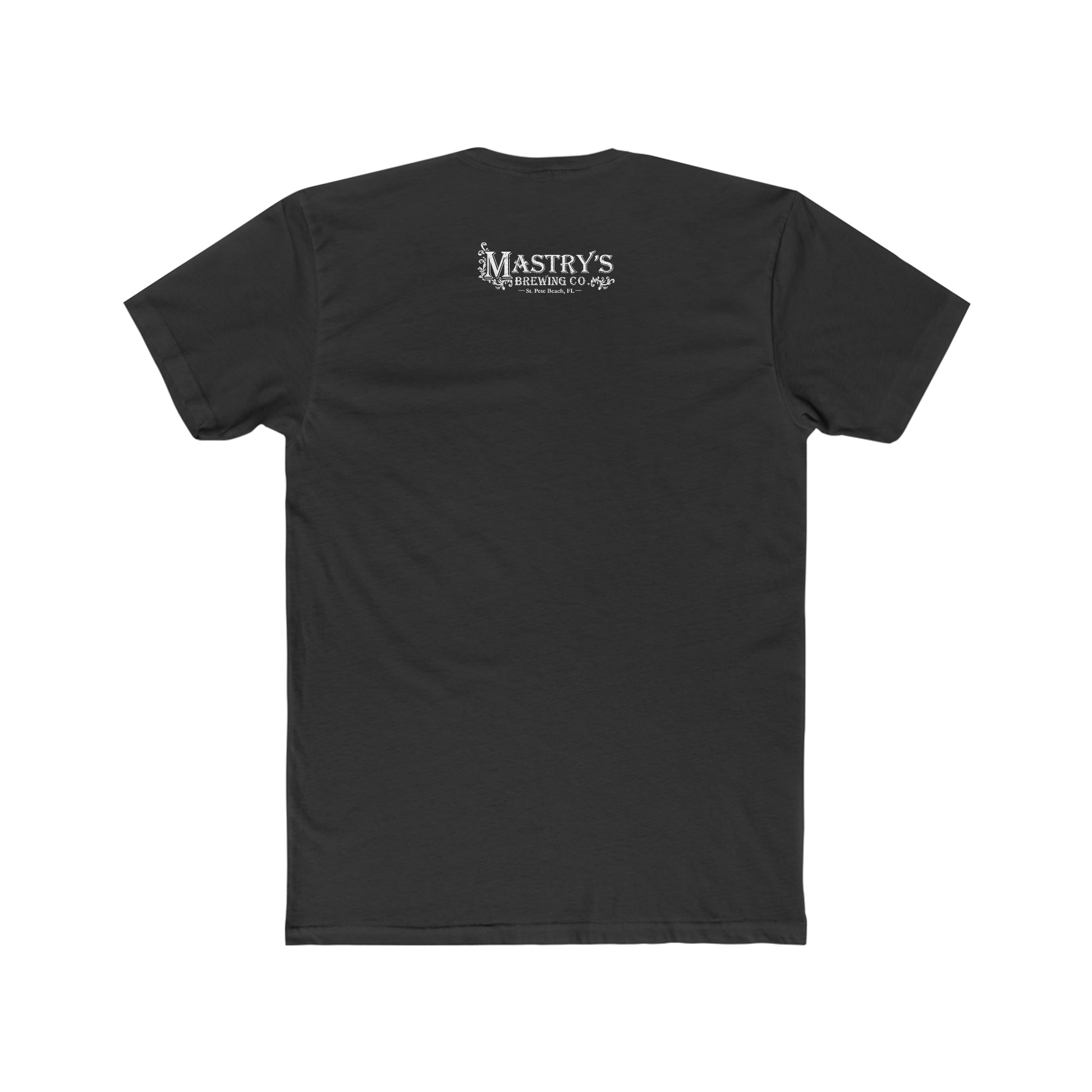 Back view of a black, soft cotton crew neck t-shirt featuring the white Mastry’s Brewing Co. logo on the upper back.