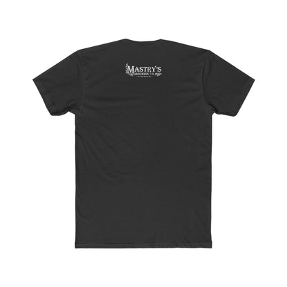 Back view of a black, soft cotton crew neck t-shirt featuring the white Mastry’s Brewing Co. logo on the upper back.