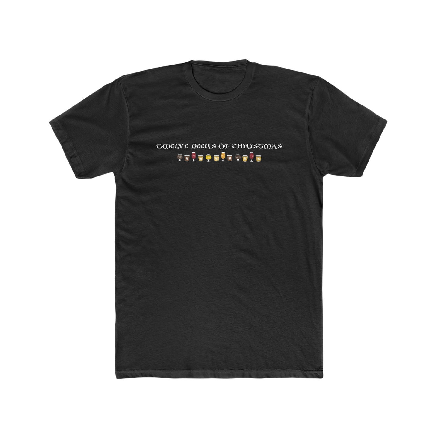 Black cotton t-shirt featuring Twelve Beers of Christmas text and a row of twelve beer glass icons.