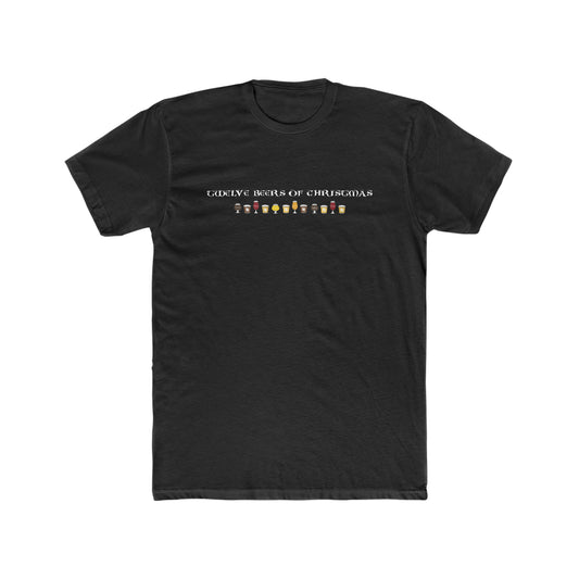 Black cotton t-shirt featuring Twelve Beers of Christmas text and a row of twelve beer glass icons.