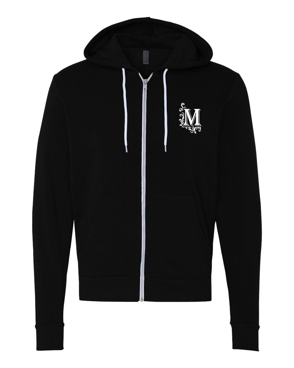 Black unisex zip-up hoodie with white drawstrings, metal zipper, and Mastry’s logo on the chest.