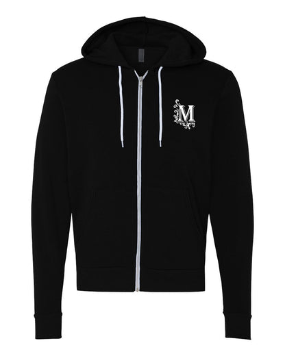 Black unisex zip-up hoodie with white drawstrings, metal zipper, and Mastry’s logo on the chest.