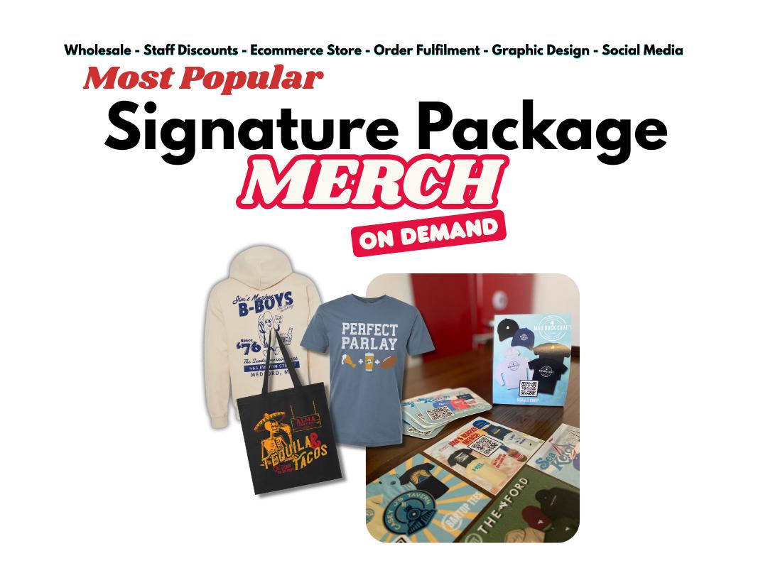 Signature merchandise package featuring a branded hoodie, t-shirt, tote bag, and various promotional stickers and cards.