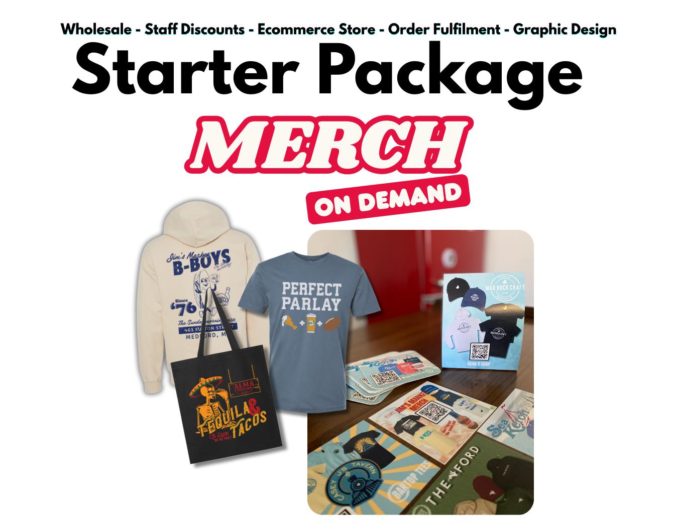 Starter merchandise package featuring a branded hoodie, t-shirt, tote bag, and promotional cards with QR codes.