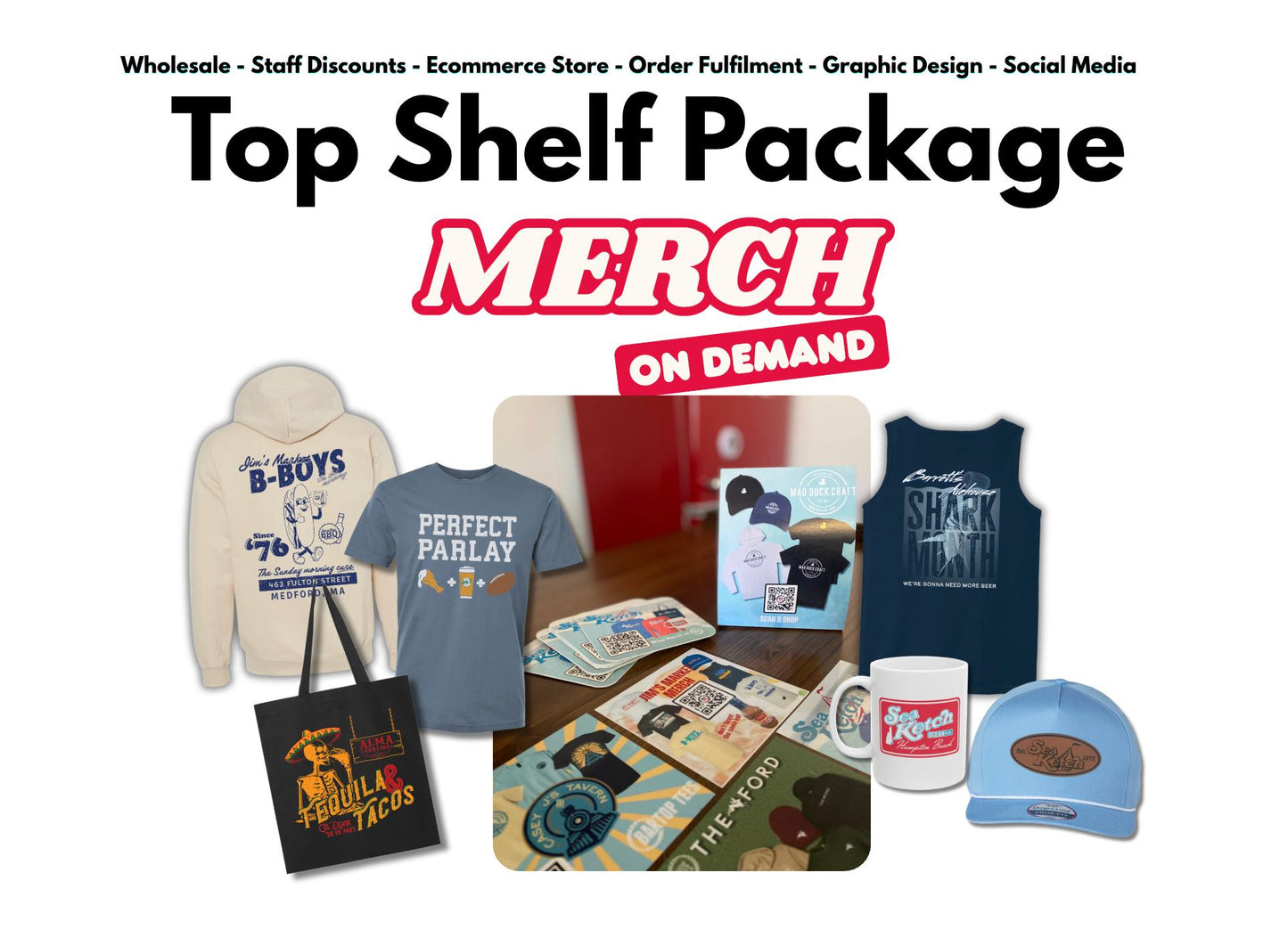 Top Shelf membership package featuring branded hoodies, t-shirts, tote bags, mugs, hats, and custom marketing flyers.