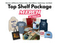 Top Shelf membership package featuring branded hoodies, t-shirts, tote bags, mugs, hats, and custom marketing flyers.