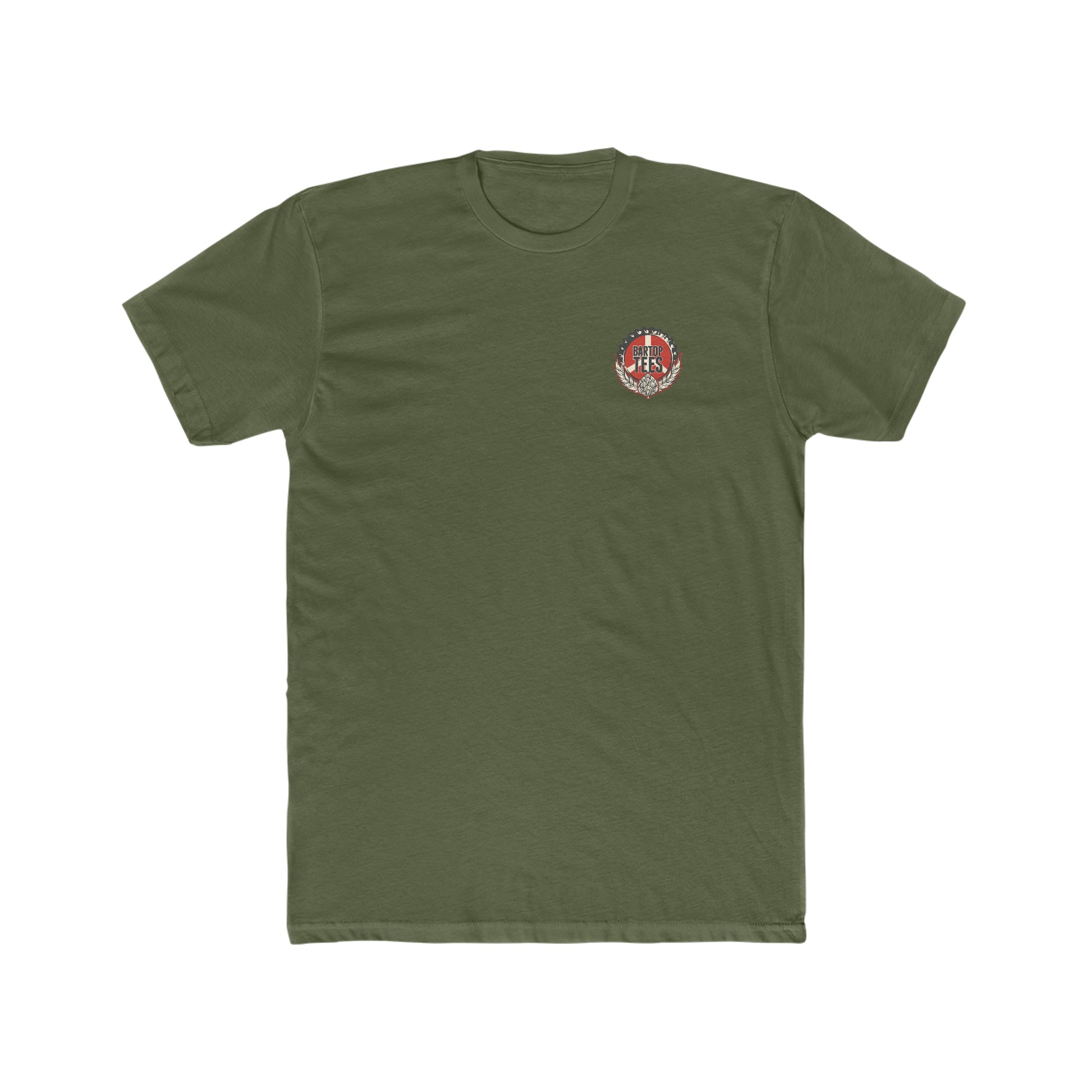 Olive green premium cotton crew neck tee with a small Bartop Tees logo printed on the left chest.
