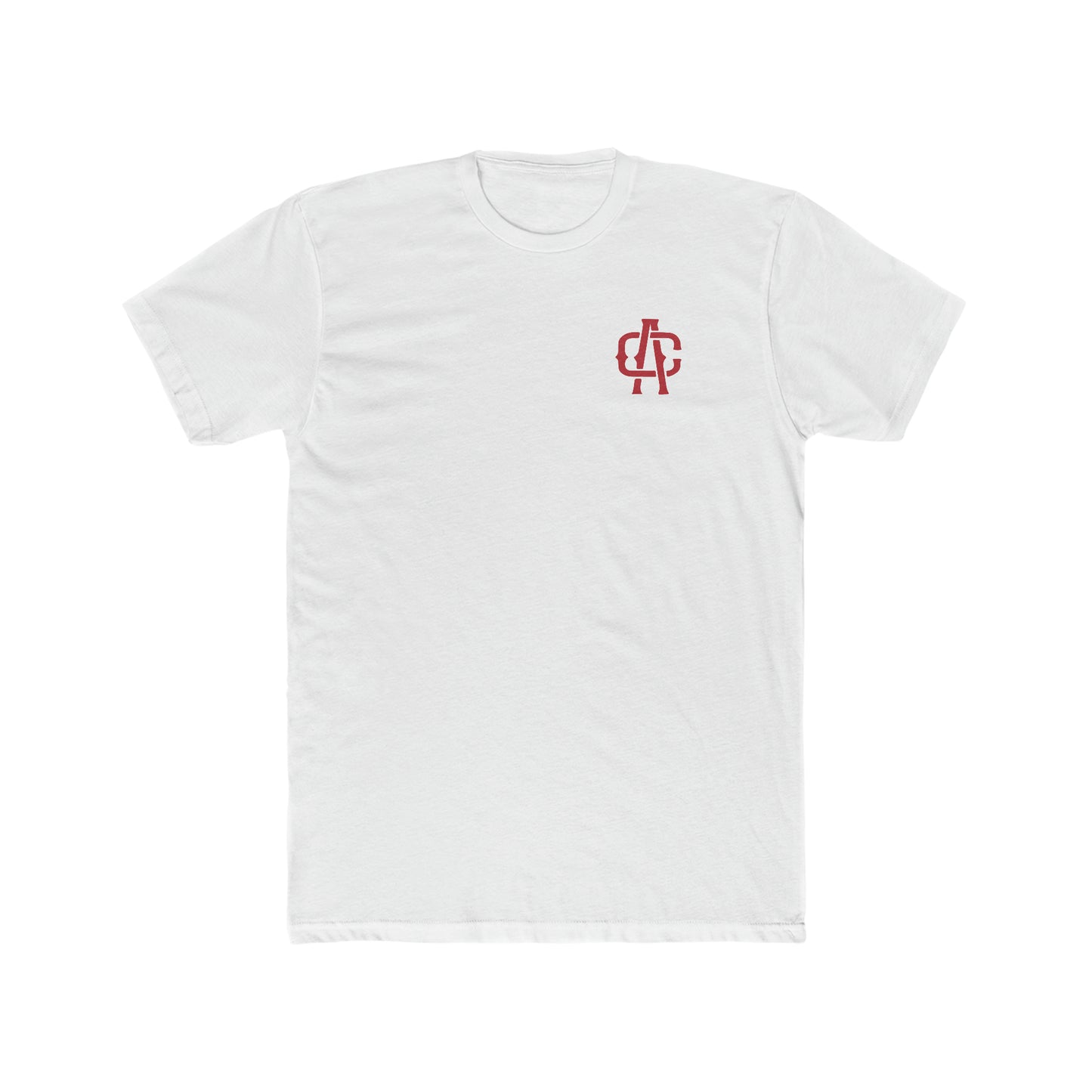 White premium cotton crew neck t-shirt with a small red embroidered logo on the left chest.