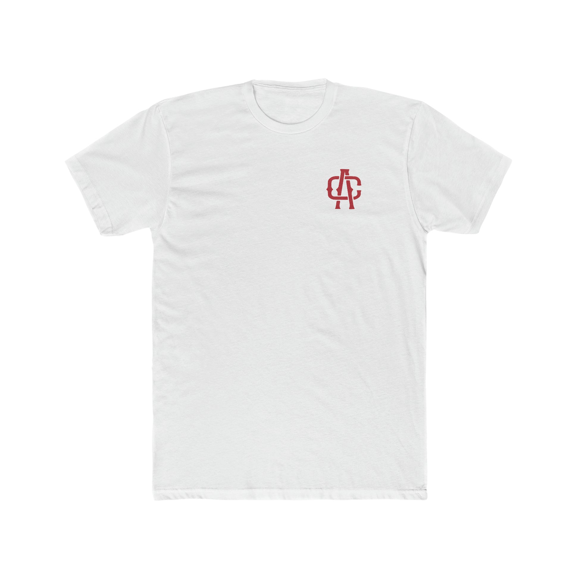 White premium cotton crew neck t-shirt with a small red embroidered logo on the left chest.