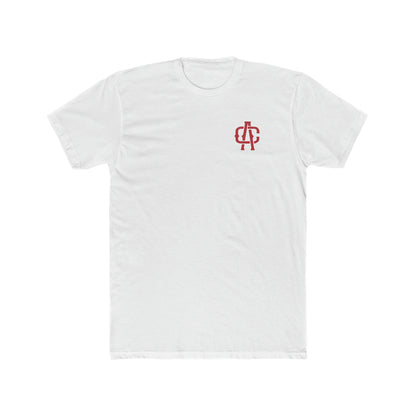 White premium cotton crew neck t-shirt with a small red embroidered logo on the left chest.