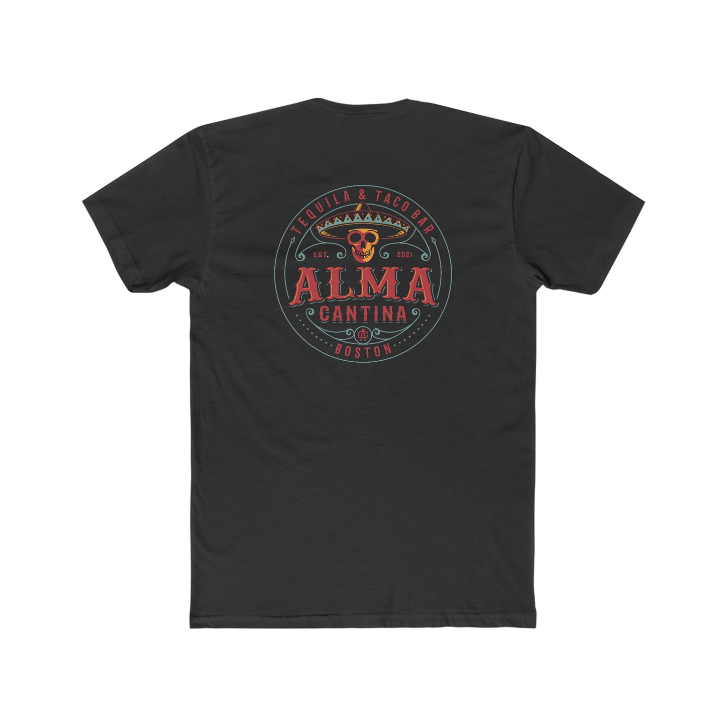 Black cotton crew neck t-shirt featuring a colorful Alma Cantina skull and sombrero graphic on the back.