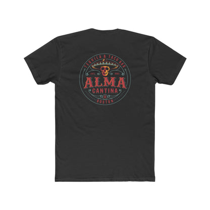Black cotton crew neck t-shirt featuring a colorful Alma Cantina skull and sombrero graphic on the back.