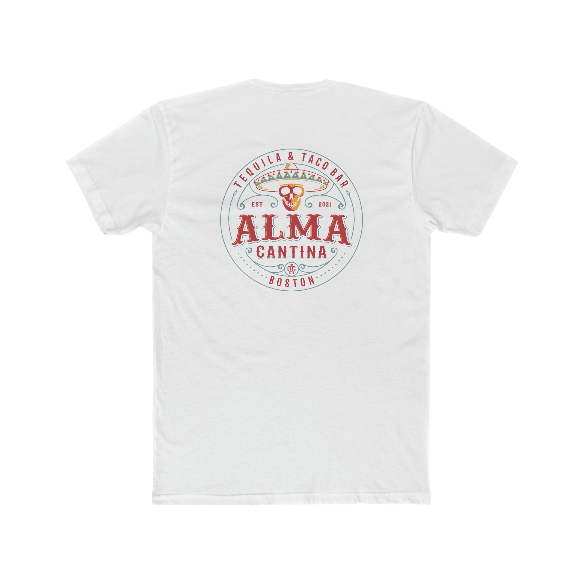 White premium cotton crew tee featuring a colorful Alma Cantina skull and sombrero graphic on the back.