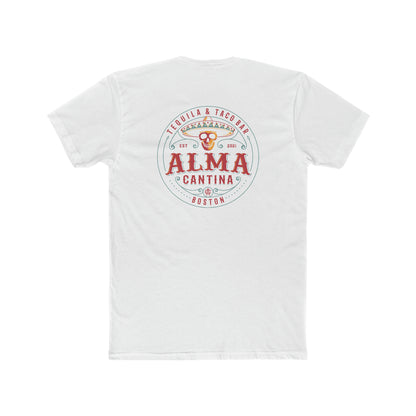 White premium cotton crew tee featuring a colorful Alma Cantina skull and sombrero graphic on the back.