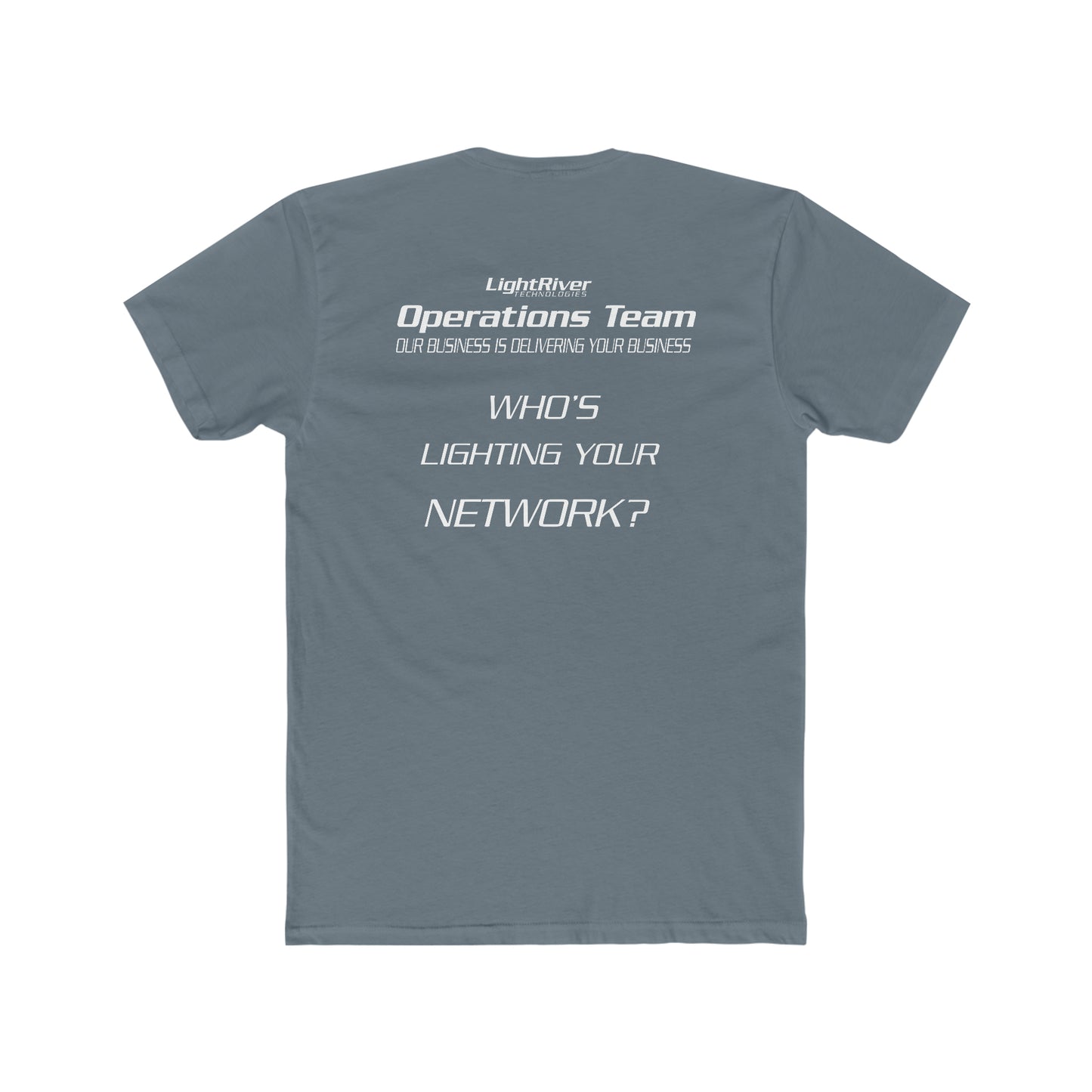 Back view of a slate grey cotton crew tee featuring white LightRiver Operations Team branding and text.