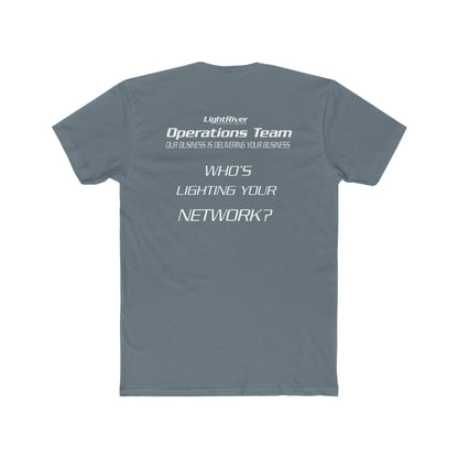 Back view of a slate grey cotton crew tee featuring white LightRiver Operations Team branding and text.