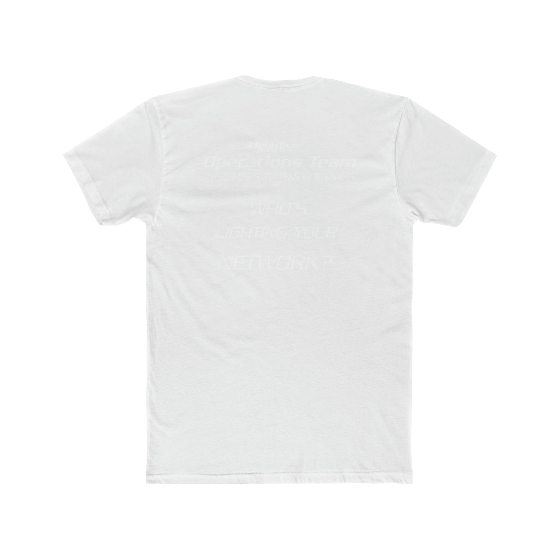 Back view of a white premium cotton crew neck t-shirt with light-colored text printed on the back.