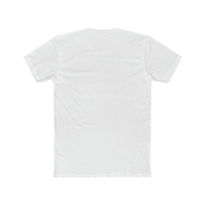 Back view of a white premium cotton crew neck t-shirt with light-colored text printed on the back.