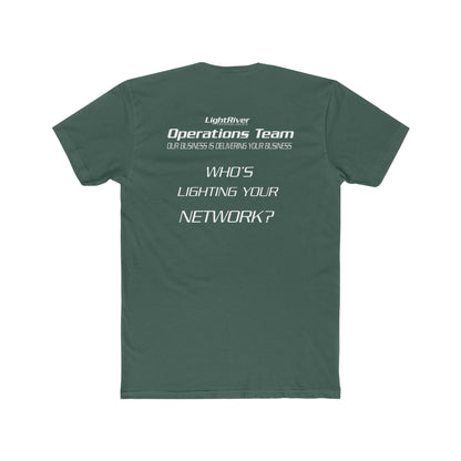 Dark green premium cotton crew neck t-shirt featuring white LightRiver Operations Team text on the back.