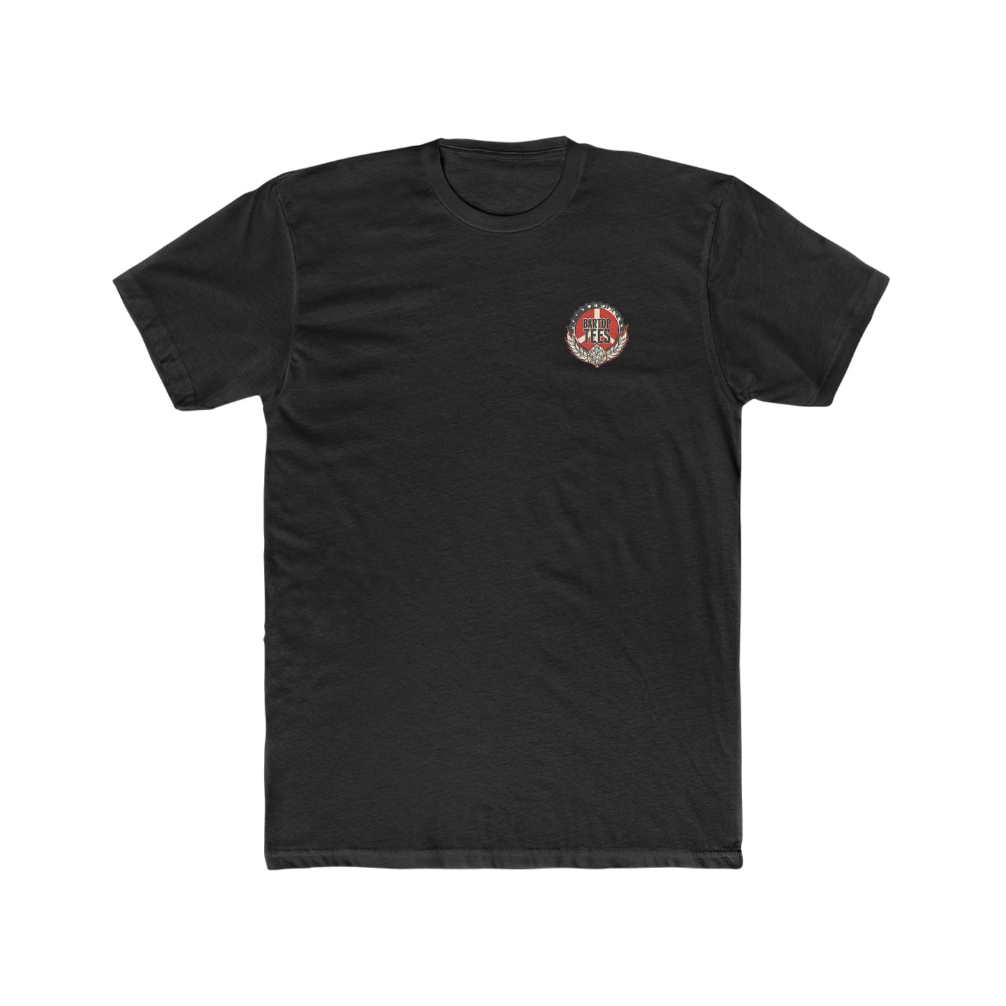 Black premium cotton crew neck tee with a small Bartop Tees logo graphic on the left chest.