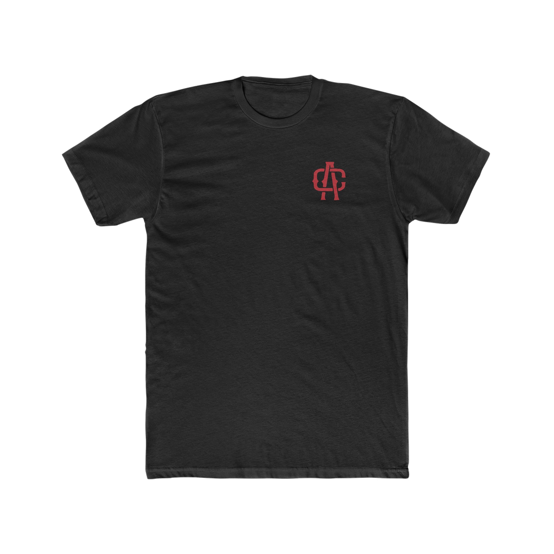Black premium cotton crew neck t-shirt with a small red logo on the left chest.