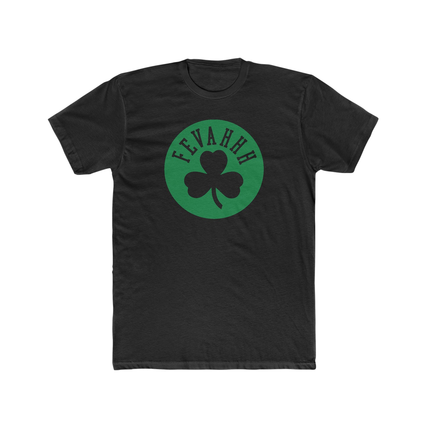 Black premium cotton crew neck tee featuring a green circle graphic with a shamrock and Fevahhh text.