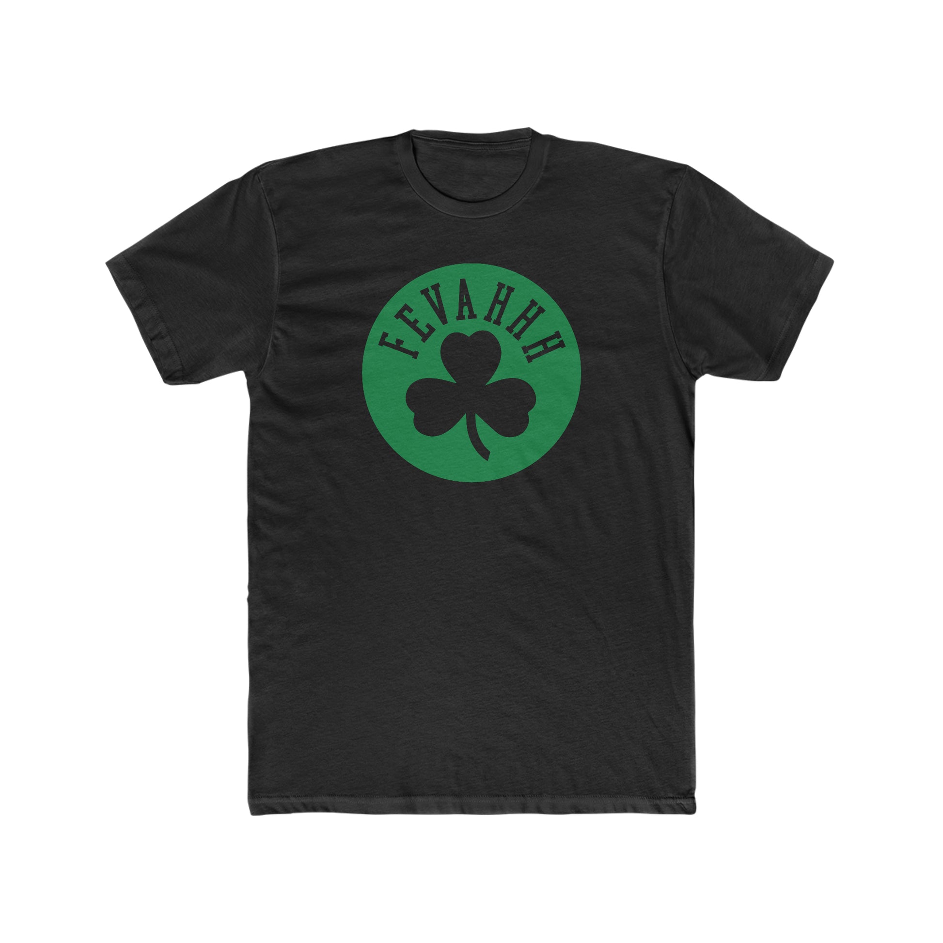 Black premium cotton crew neck tee featuring a green circle graphic with a shamrock and Fevahhh text.