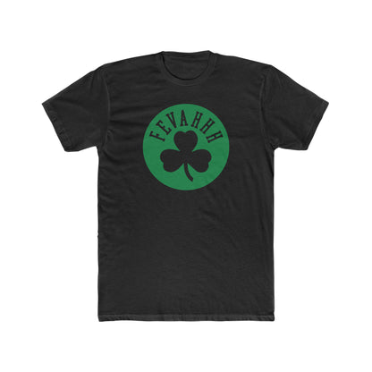 Black premium cotton crew neck tee featuring a green circle graphic with a shamrock and Fevahhh text.