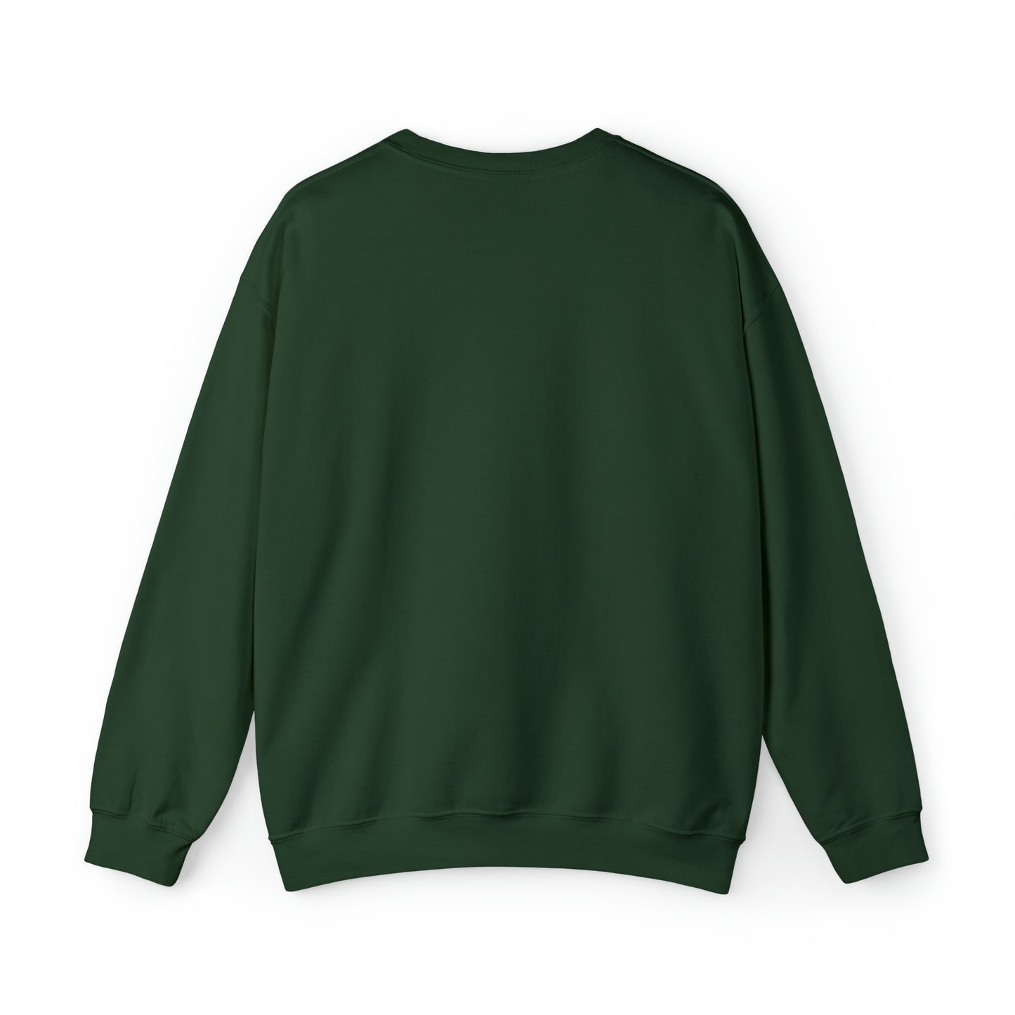 Back view of a dark green unisex heavy blend crewneck sweatshirt with a loose fit and ribbed knit collar.