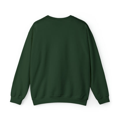 Back view of a dark green unisex heavy blend crewneck sweatshirt with a loose fit and ribbed knit collar.