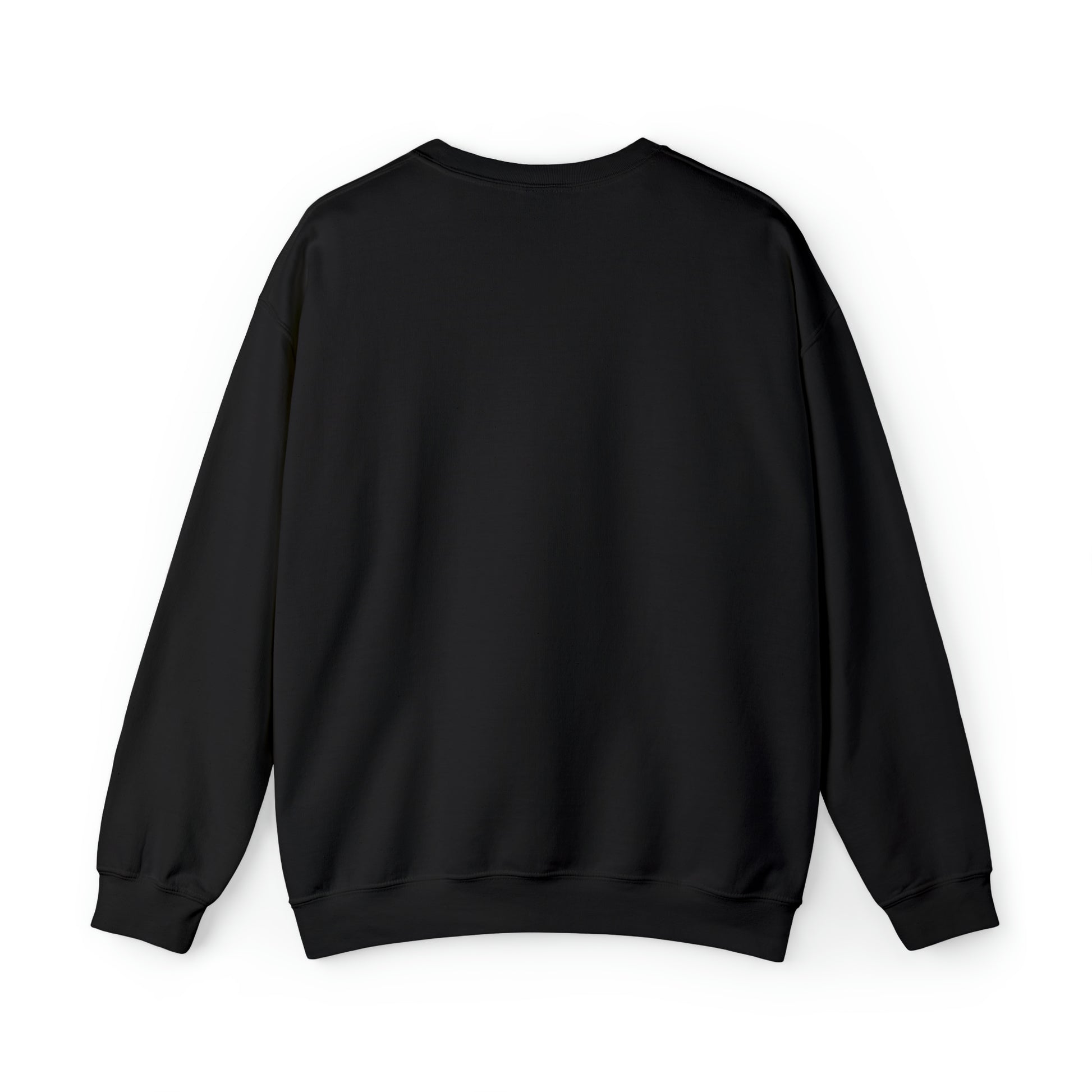 Back view of a plain black unisex heavy blend crewneck sweatshirt with long sleeves and a ribbed collar.