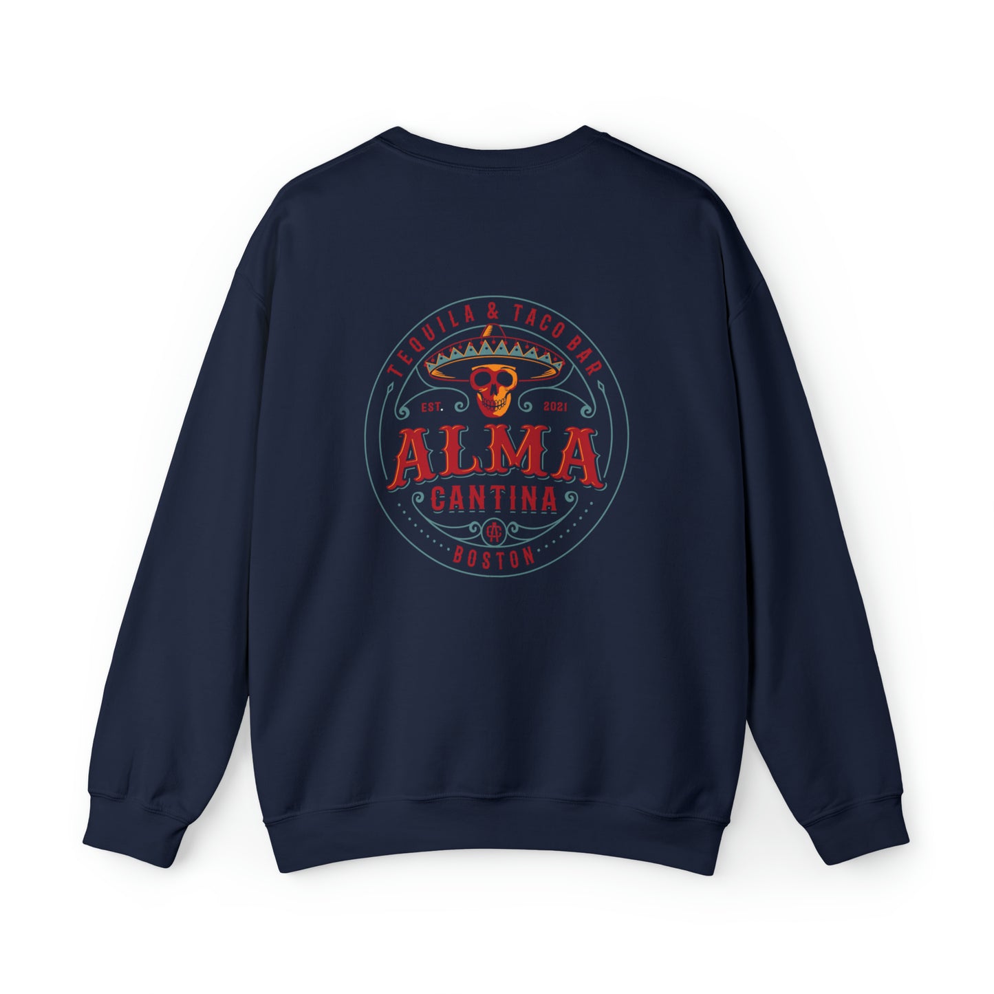 Navy blue crewneck sweatshirt featuring a back graphic of a skull in a sombrero for Alma Cantina Tequila & Taco Bar.