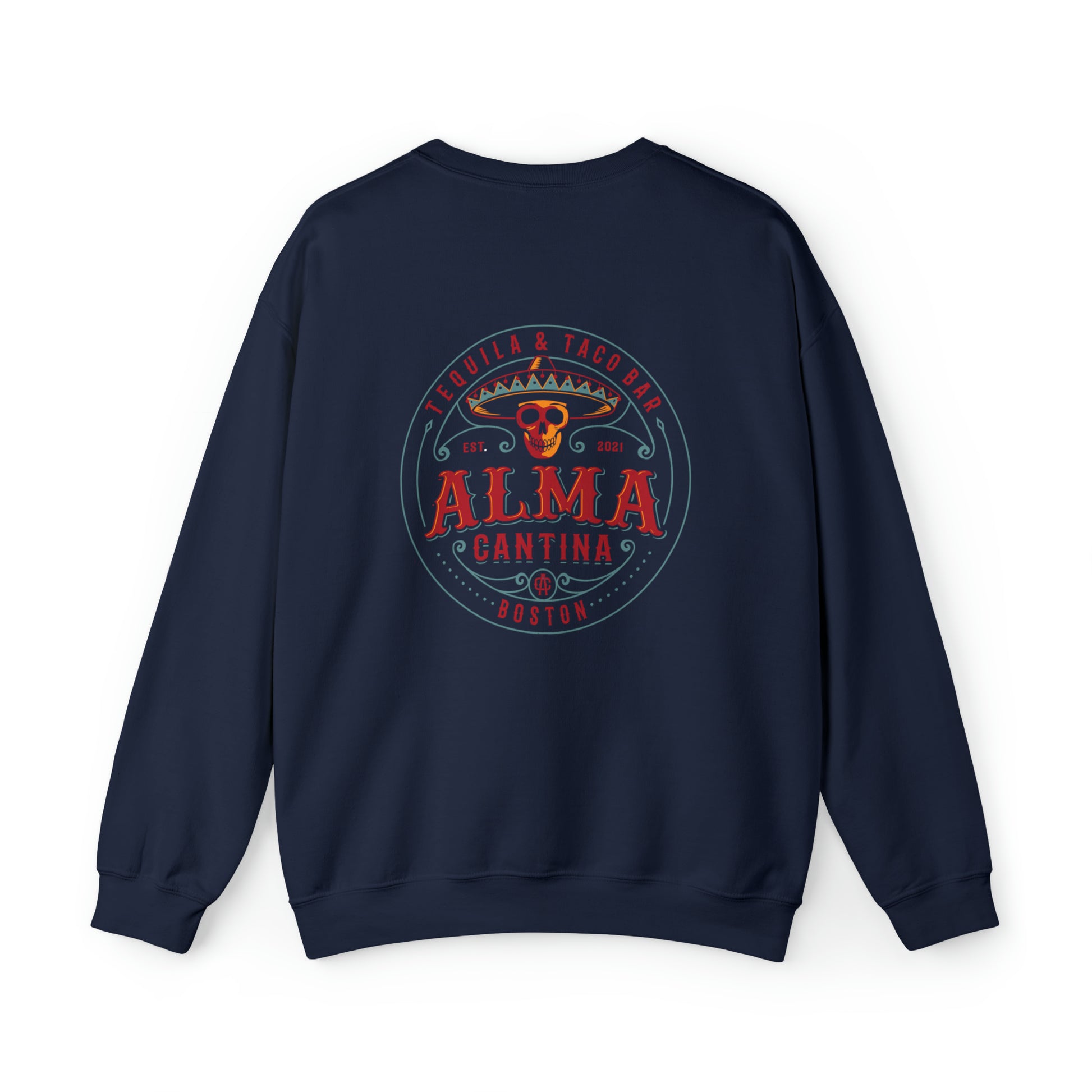Navy blue crewneck sweatshirt featuring a back graphic of a skull in a sombrero for Alma Cantina Tequila & Taco Bar.