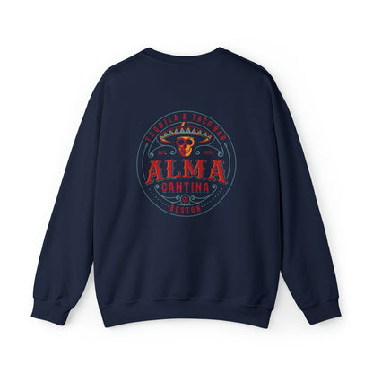 Navy blue crewneck sweatshirt featuring a back graphic of a skull in a sombrero for Alma Cantina Tequila & Taco Bar.