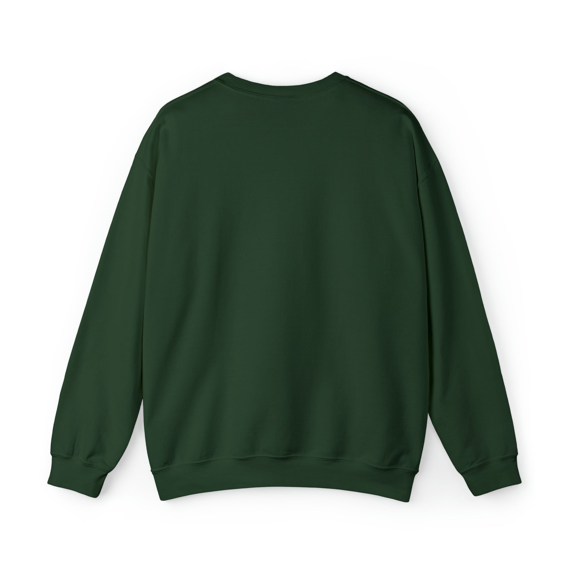 Back view of a dark green unisex heavy blend crewneck sweatshirt with a loose fit and ribbed knit collar.
