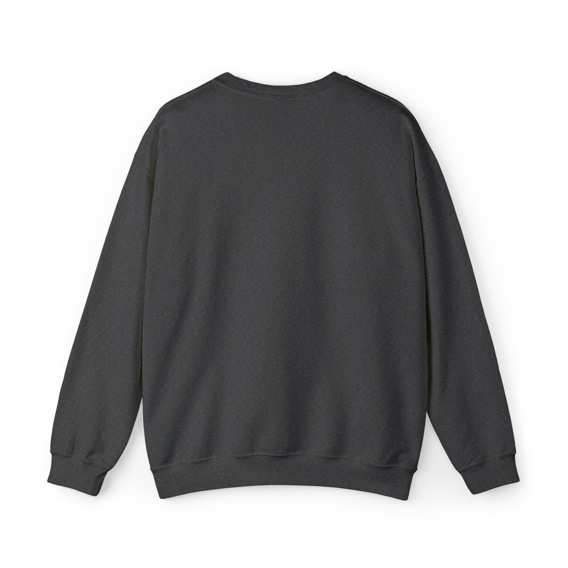 Back view of a charcoal grey unisex heavy blend crewneck sweatshirt with a loose fit and ribbed knit collar.