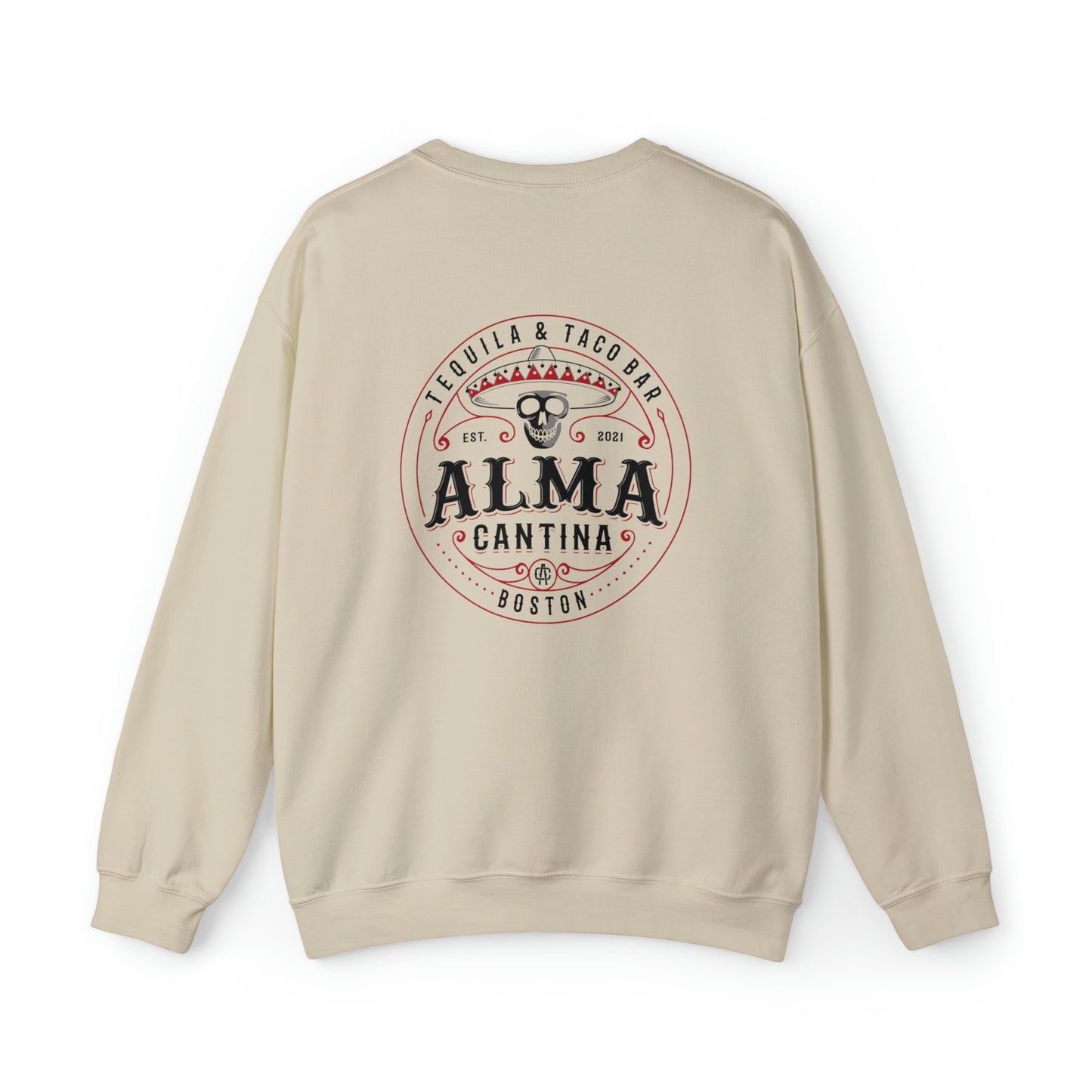 Sand-colored heavy blend crewneck sweatshirt featuring a back graphic of a skull in a sombrero for Alma Cantina.