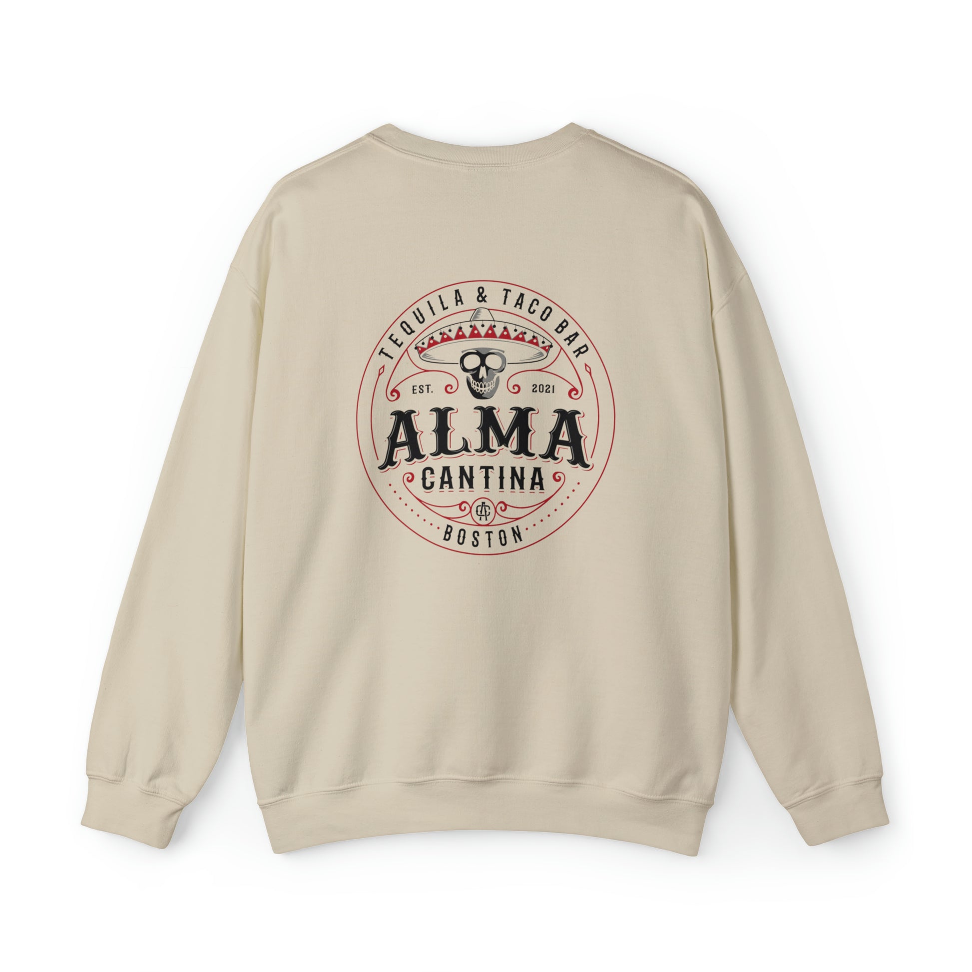 Sand-colored heavy blend crewneck sweatshirt featuring a back graphic of a skull in a sombrero for Alma Cantina.