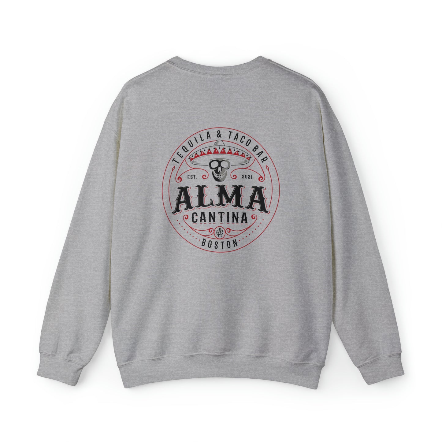 Grey crewneck sweatshirt featuring a circular Alma Cantina logo with a skull and sombrero on the back.