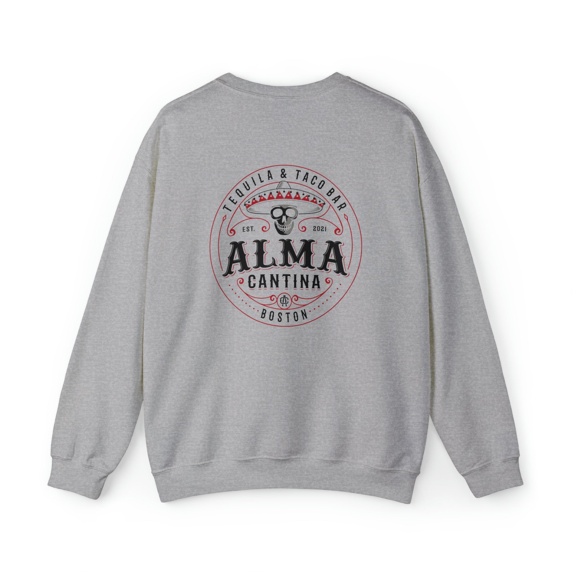 Grey crewneck sweatshirt featuring a circular Alma Cantina logo with a skull and sombrero on the back.