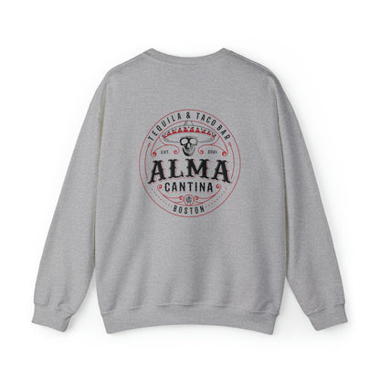 Grey crewneck sweatshirt featuring a circular Alma Cantina logo with a skull and sombrero on the back.