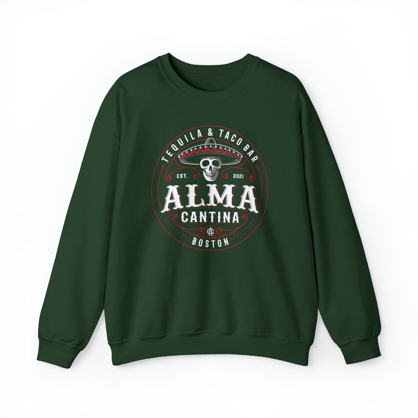 Dark green crewneck sweatshirt featuring a circular Alma Cantina logo with a skull wearing a sombrero.