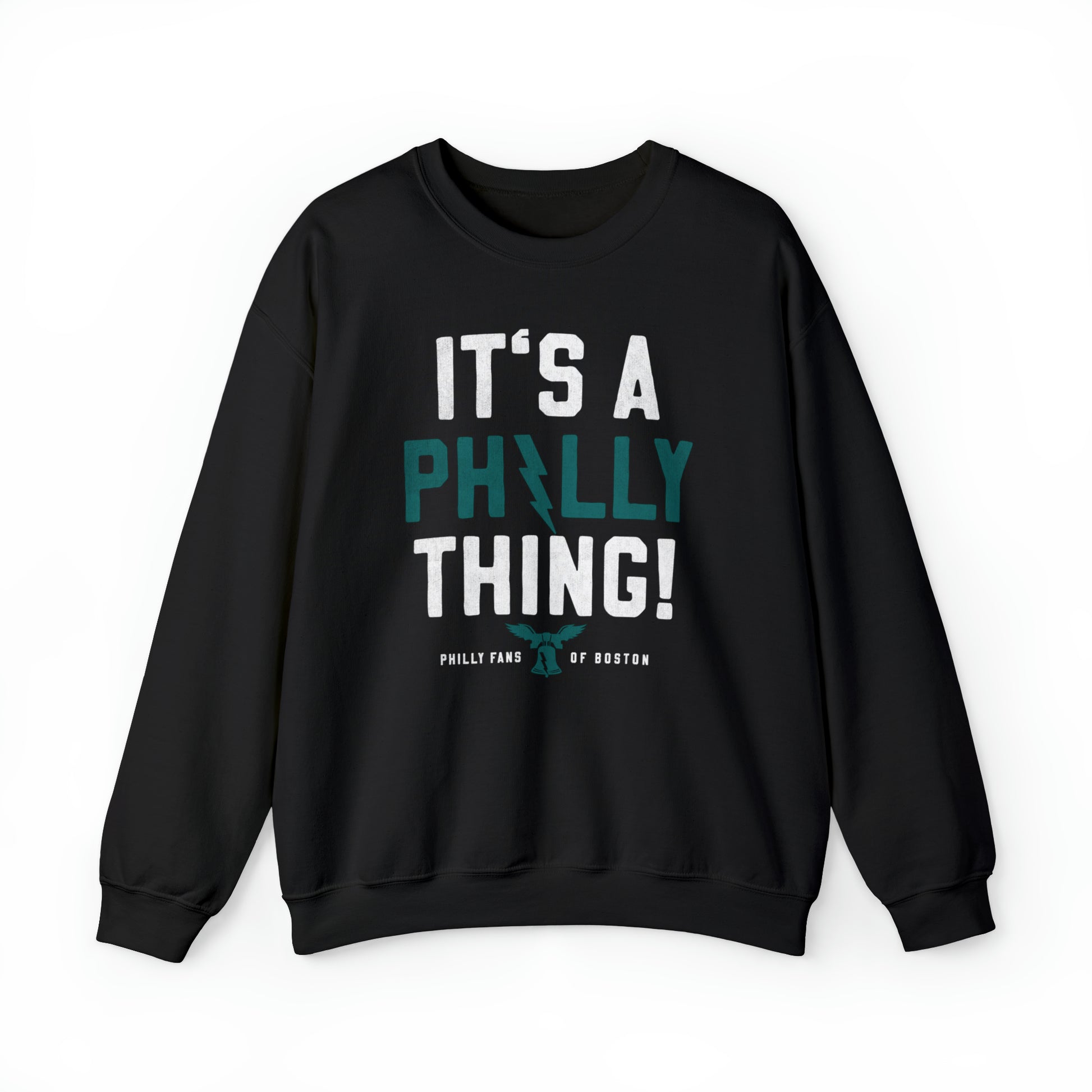 Black heavy blend crewneck sweatshirt with white and teal It's a Philly Thing graphic print.