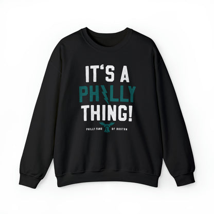 Black heavy blend crewneck sweatshirt with white and teal It's a Philly Thing graphic print.